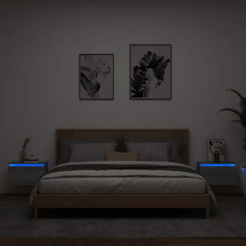 Wandgemonteerde nachtkastje in bewerkt hout met LED-verlichting - Grijs sonoma / 2 - Nachtkastjes