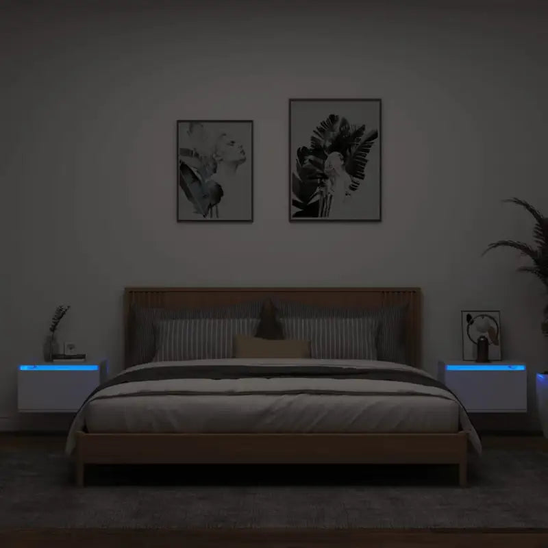 Wandgemonteerde nachtkastje in bewerkt hout met LED-verlichting - Wit / 2 - Nachtkastjes