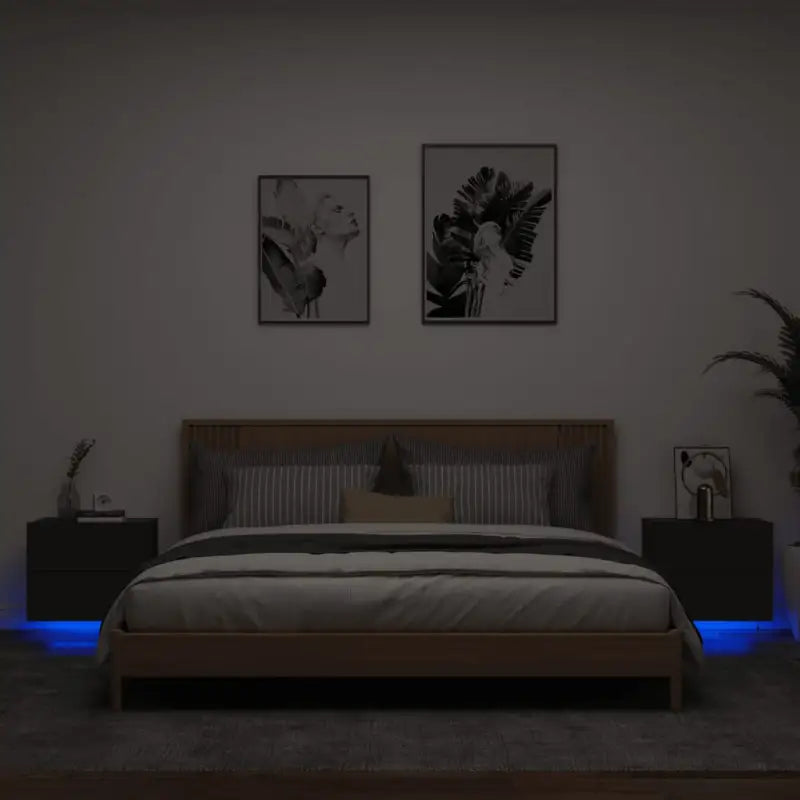 Wandgemonteerde nachtkastjes van bewerkt hout met LED-verlichting - Zwart / 2 - Nachtkastjes