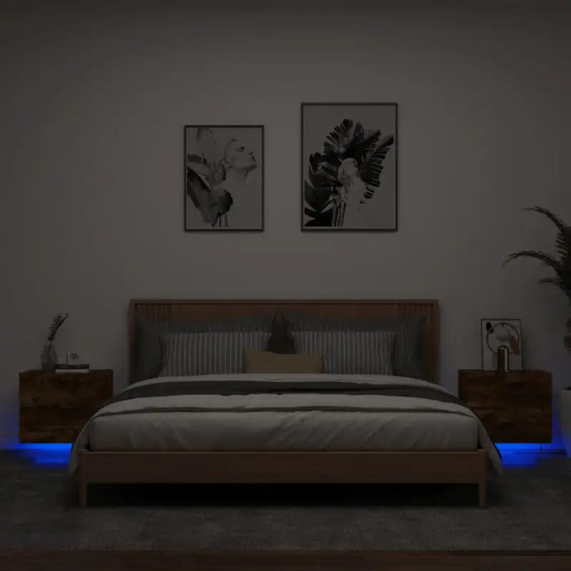 Wandgemonteerde nachtkastjes van bewerkt hout met LED-verlichting - Gerookt eiken / 2 - Nachtkastjes