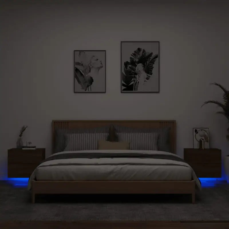 Wandgemonteerde nachtkastjes van bewerkt hout met LED-verlichting - bruin eikenkleur / 2 - Nachtkastjes