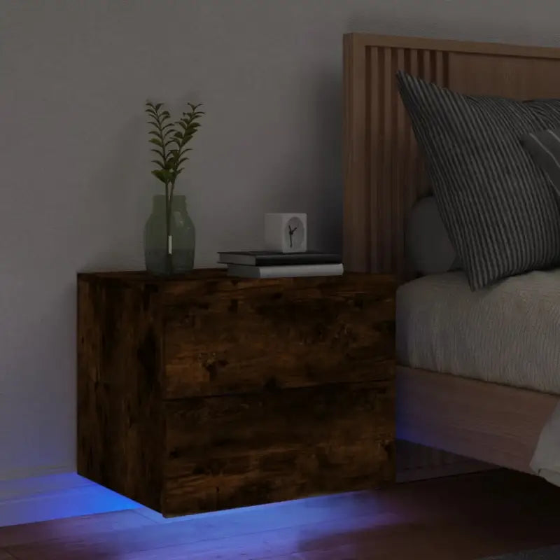 Wandgemonteerde nachtkastjes van bewerkt hout met LED-verlichting - Gerookt eiken / 1 - Nachtkastjes