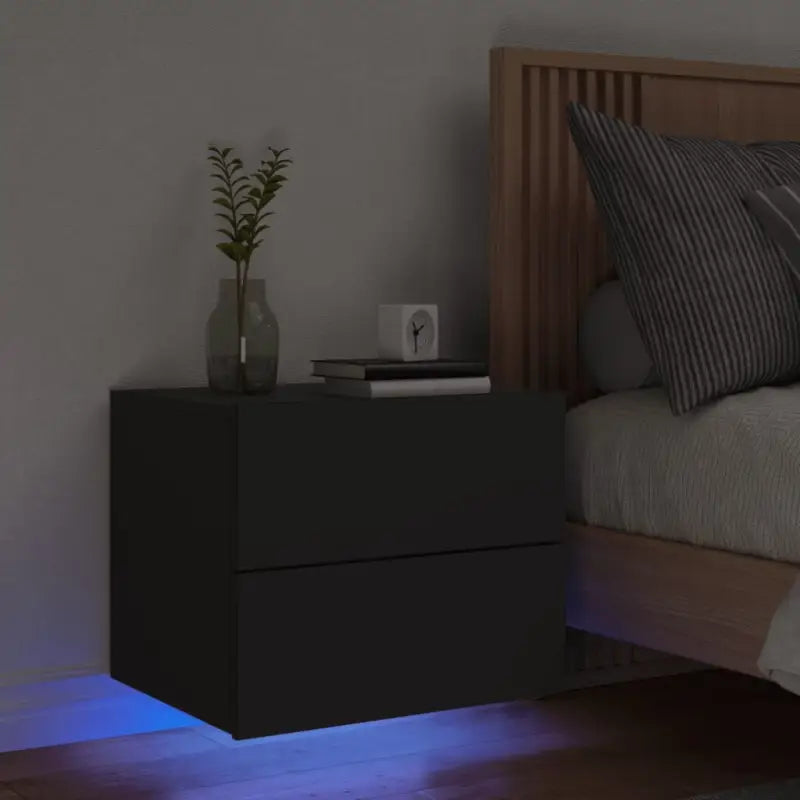 Wandgemonteerde nachtkastjes van bewerkt hout met LED-verlichting - Zwart / 1 - Nachtkastjes
