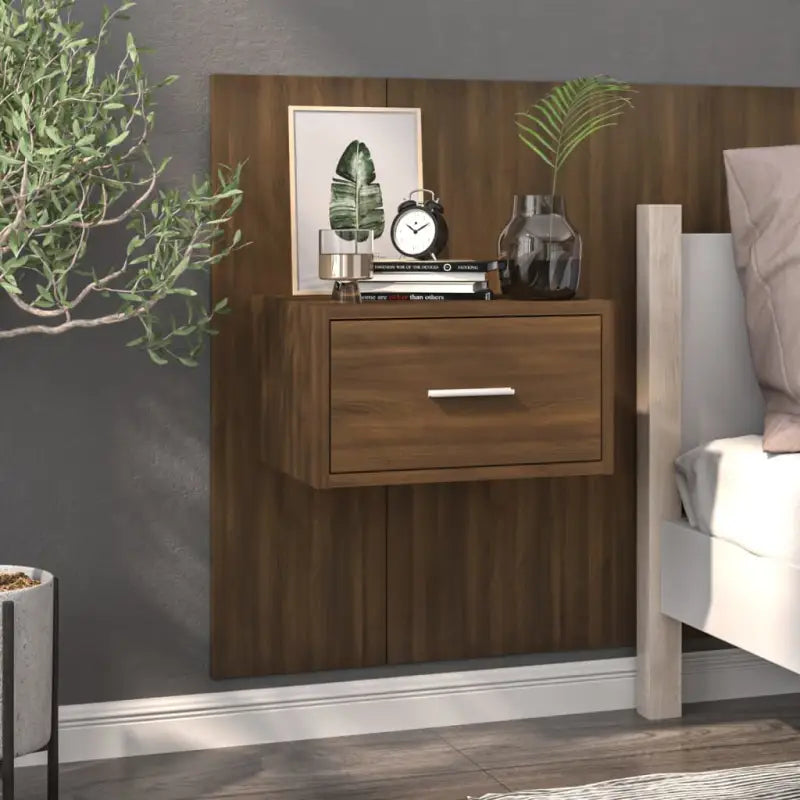 Wandnachtkastje van bewerkt hout voor slimme opbergruimte - bruin eikenkleur / 1 - Nachtkastjes