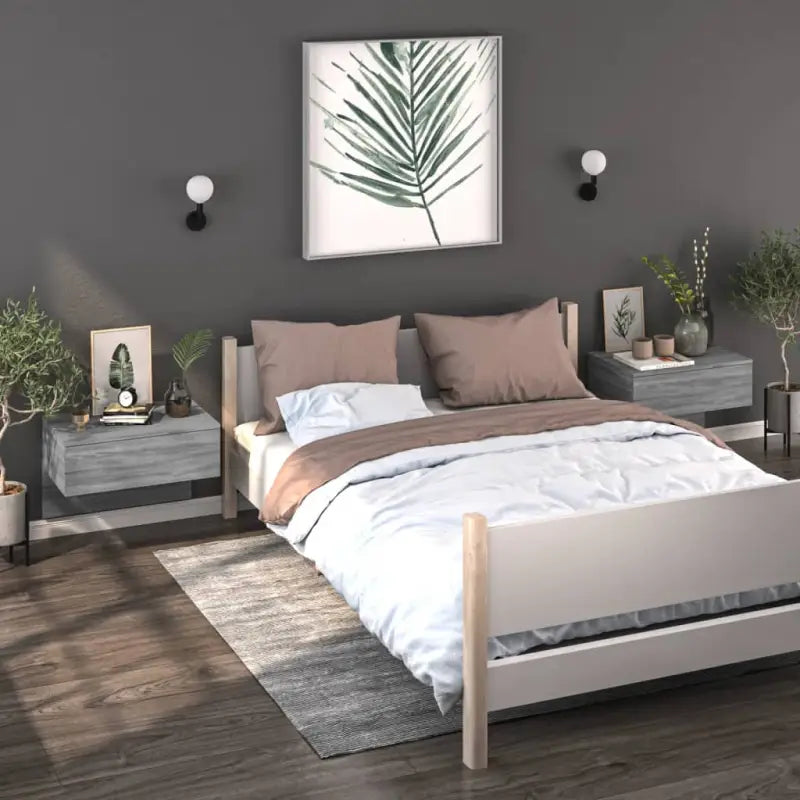 Wandnachtkastje van bewerkt hout voor slimme slaapkameropbergruimte - Grijs sonoma / 2 - Nachtkastjes