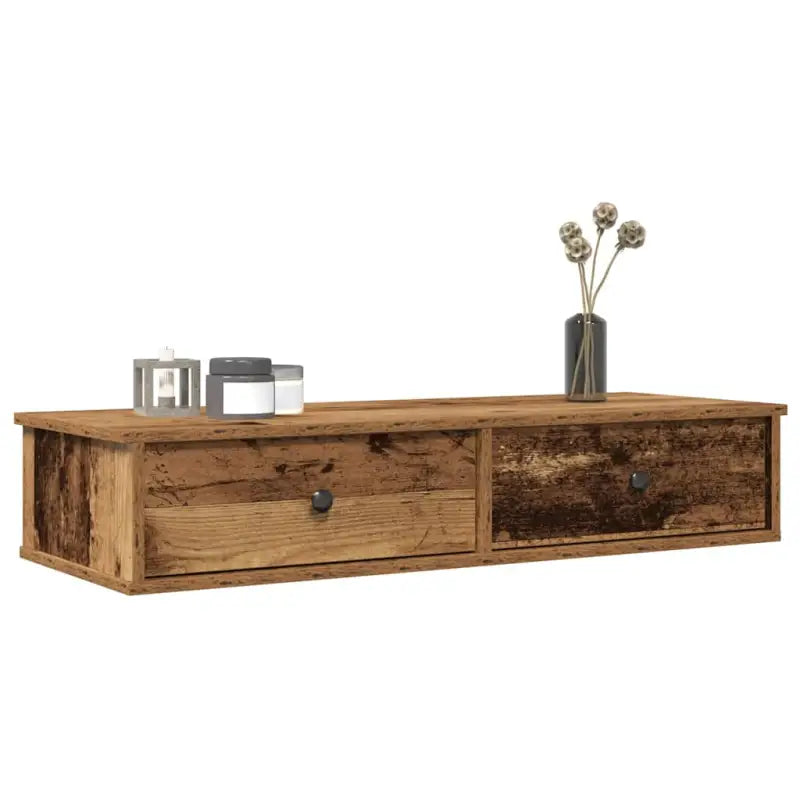 Wandplank met lades van bewerkt hout voor decoratie en praktische opbergruimte - Oud hout / 100 x 34 x 19 cm / 1