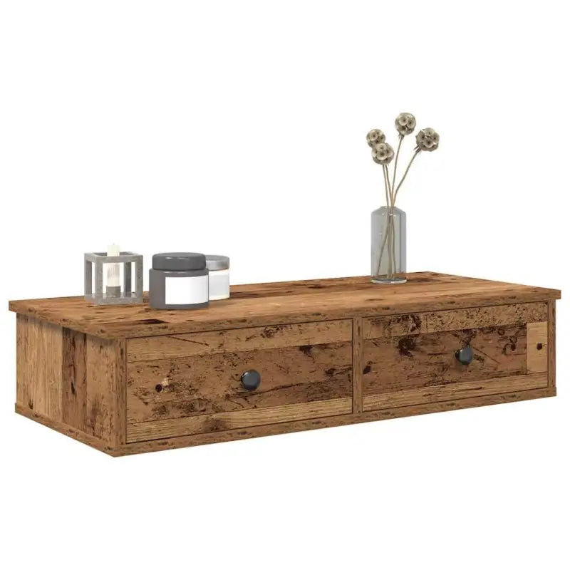 Wandplank met lades van bewerkt hout voor decoratie en praktische opbergruimte - Oud hout / 80 x 31 x 17 cm / 1