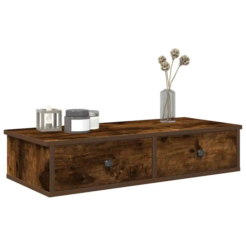 Wandplank met lades van bewerkt hout voor decoratie en praktische opbergruimte - Gerookt eiken / 80 x 31 x 17 cm / 1