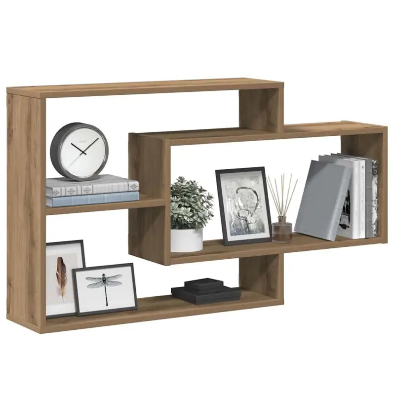 Wandplanken van bewerkt hout met open vakken in hoogglans wit - artisanaal eikenkleurig / 1 - Wandplanken
