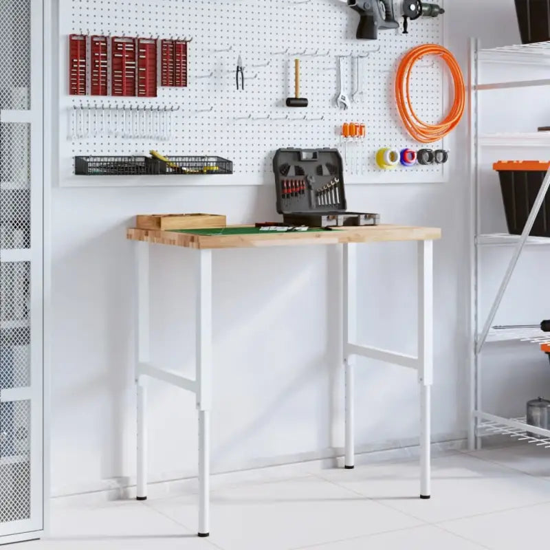 Werkbank in massief acaciahout met gepoedercoate metalen structuur - Bruin en wit / 100 x 60 x (73-99.5) cm / 1