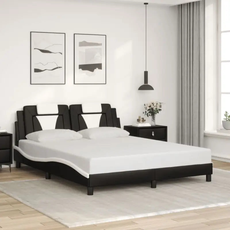 Zwart bedframe met hoofdeinde en multiplex lattenbodem voor comfortabel slapen - Zwart en wit / 160 x 200 cm - Bedden &