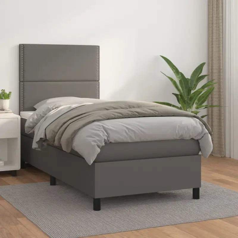 Zwart Kunstleer Boxspringbed met schuim vulling en ideale afmetingen - Grijs / 80 x 200 cm / Effen met spijkers