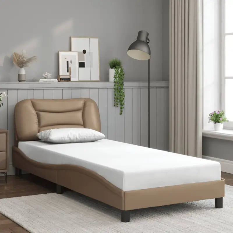 Zwart materiaal bedframe met hoofdeinde en multiplex lattenbodem - Cappuccino / 90 x 190 cm - Bedden & bedframes