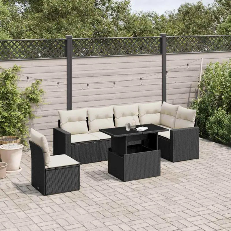 Zwart materiaal loungeset met gepoedercoat staal en afmetingen voor tuin - Zwart en crème / Met tafel - Tuinsets
