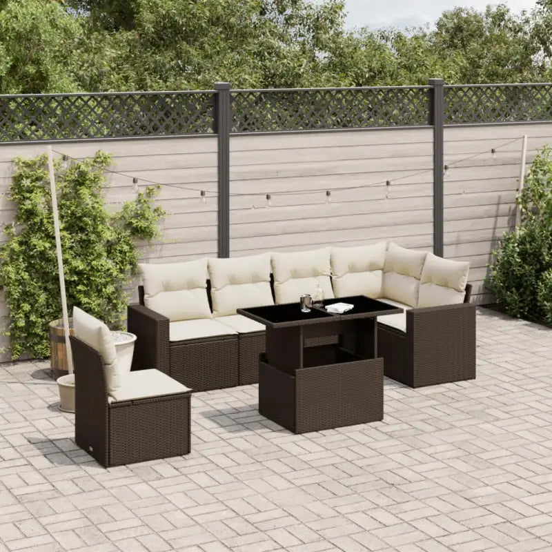 Zwart materiaal loungeset met gepoedercoat staal en afmetingen voor tuin - Bruin en crème / Met tafel - Tuinsets