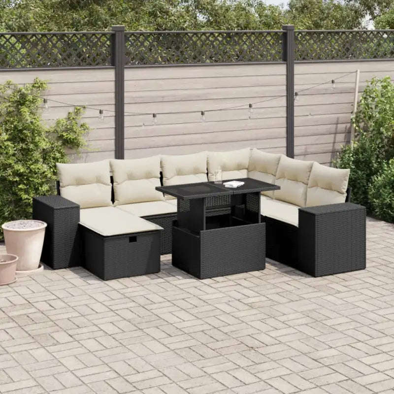 Zwart materiaal loungeset met gepoedercoat staal en comfortabele afmetingen - Zwart en crème / Met tafel - Tuinsets