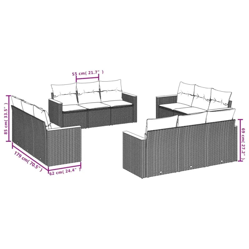 Zwart materiaal loungeset met poly rattan en gepoedercoat staal afmetingen - Tuinsets