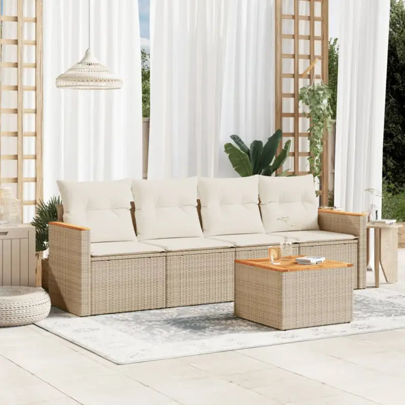Zwart materiaal loungeset van poly rattan en gepoedercoat staal - Beige / Met tafel - Tuinsets