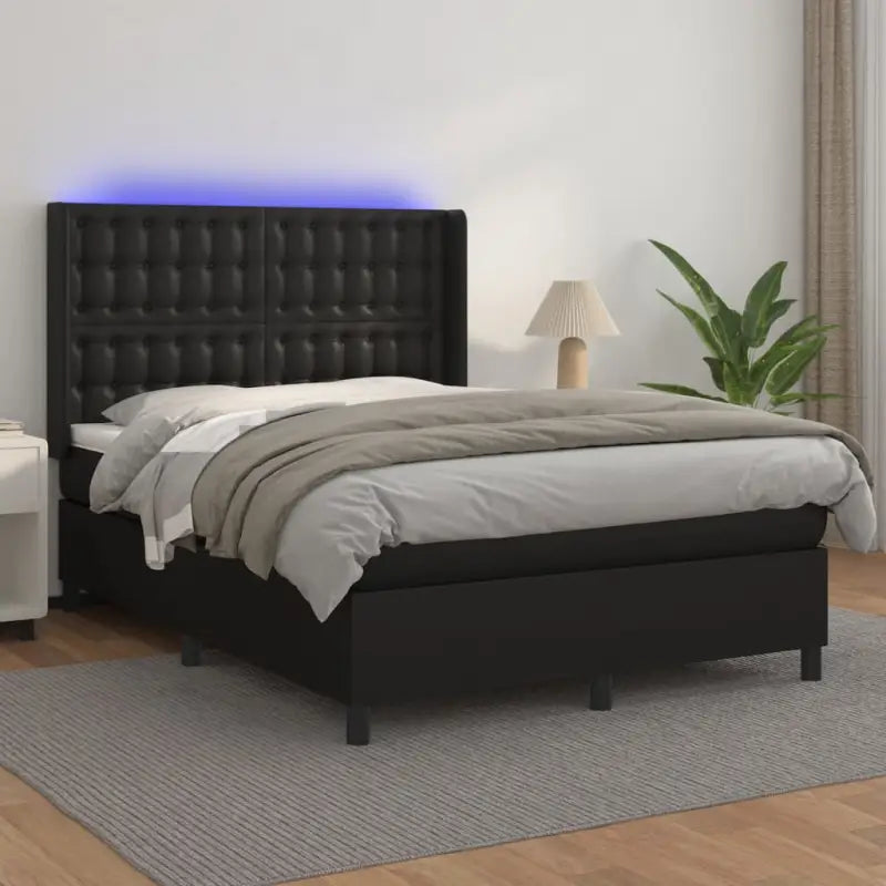 Zwart materialen boxspring met matras en LED voor een rustgevende slaapkamer - Zwart / 140 x 200 cm / knoppwn - Bedden