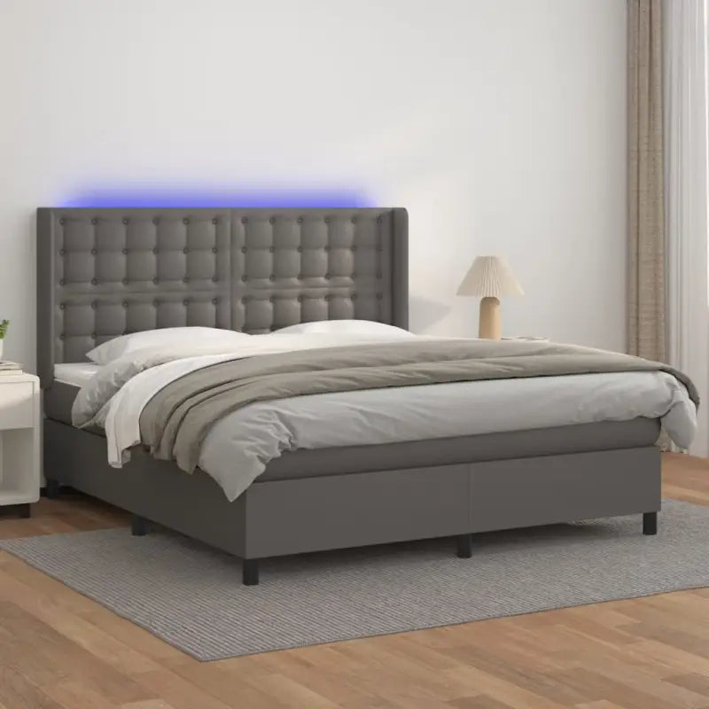 Zwart materialen boxspring met matras en LED voor een rustgevende slaapkamer - Grijs / 180 x 200 cm / knoppwn - Bedden