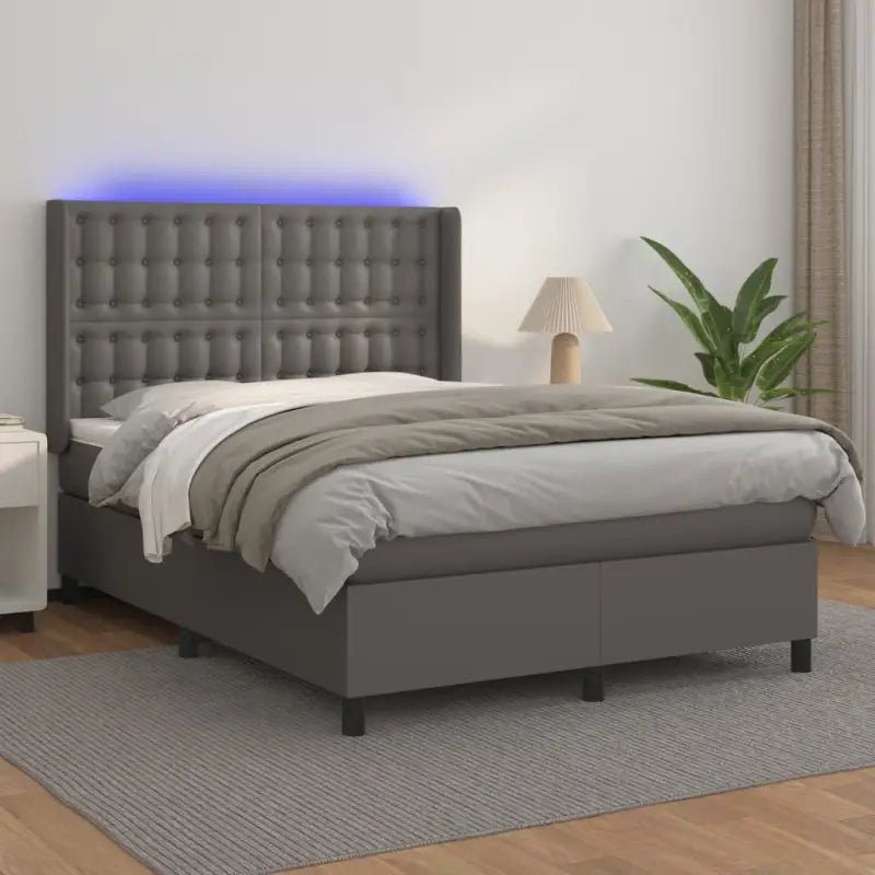 Zwart materialen boxspring met matras en LED voor een rustgevende slaapkamer - Grijs / 140 x 190 cm / knoppwn - Bedden