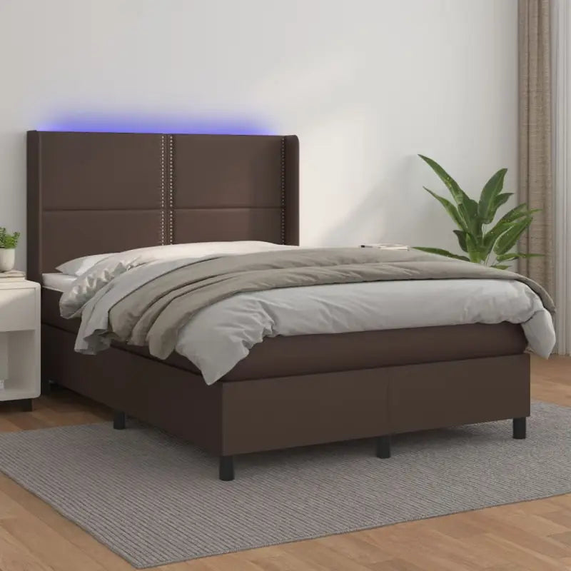 Zwart materialen boxspring met matras en LED voor een rustgevende slaapkamer - Bruin / 140 x 190 cm / Effen