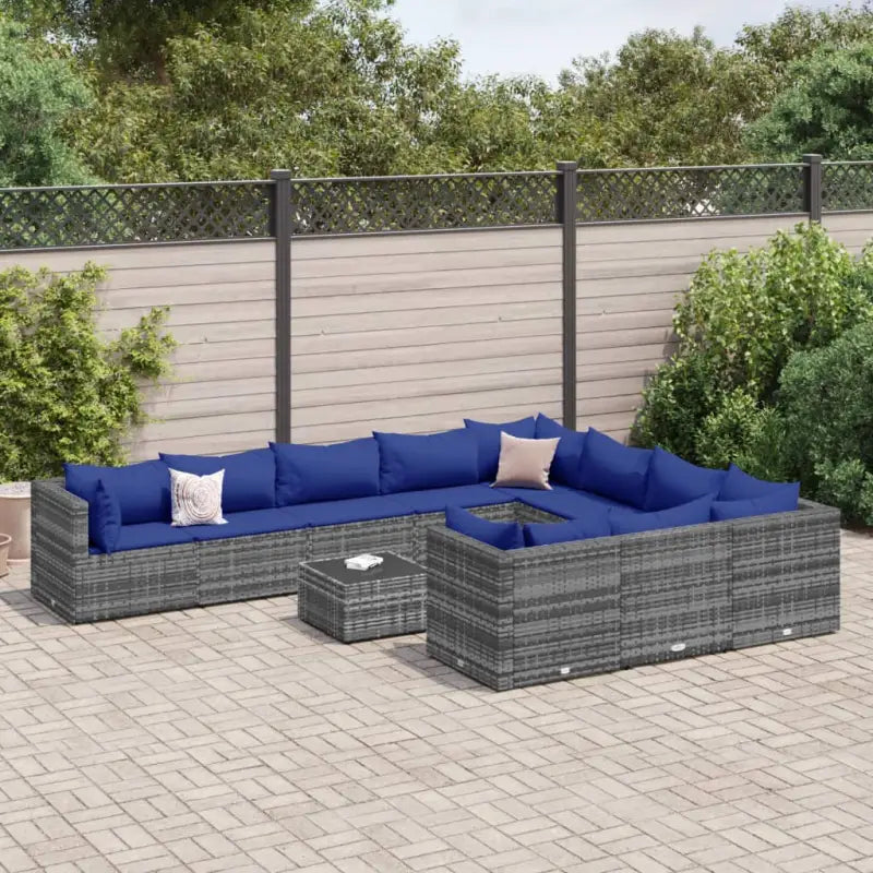 Zwart materialen loungeset met gepoedercoat staal en comfortabele afmetingen - Grijs en blauw / 4x hoek + 6x midden