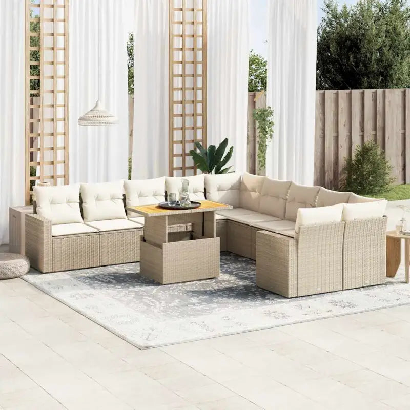 Zwarte loungeset van gepoedercoat staal voor tuin en terras - beige en crèmekleurig / 4x hoek + 6x midden + Tafel