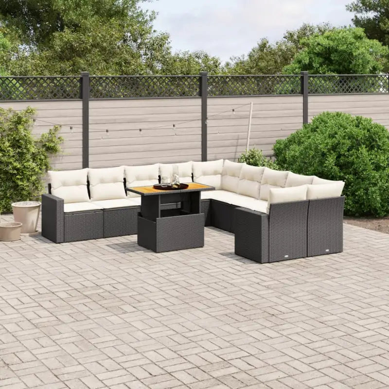 Zwarte loungeset van gepoedercoat staal voor tuin en terras - Zwart en crème / 4x hoek + 6x midden + Tafel - Tuinsets