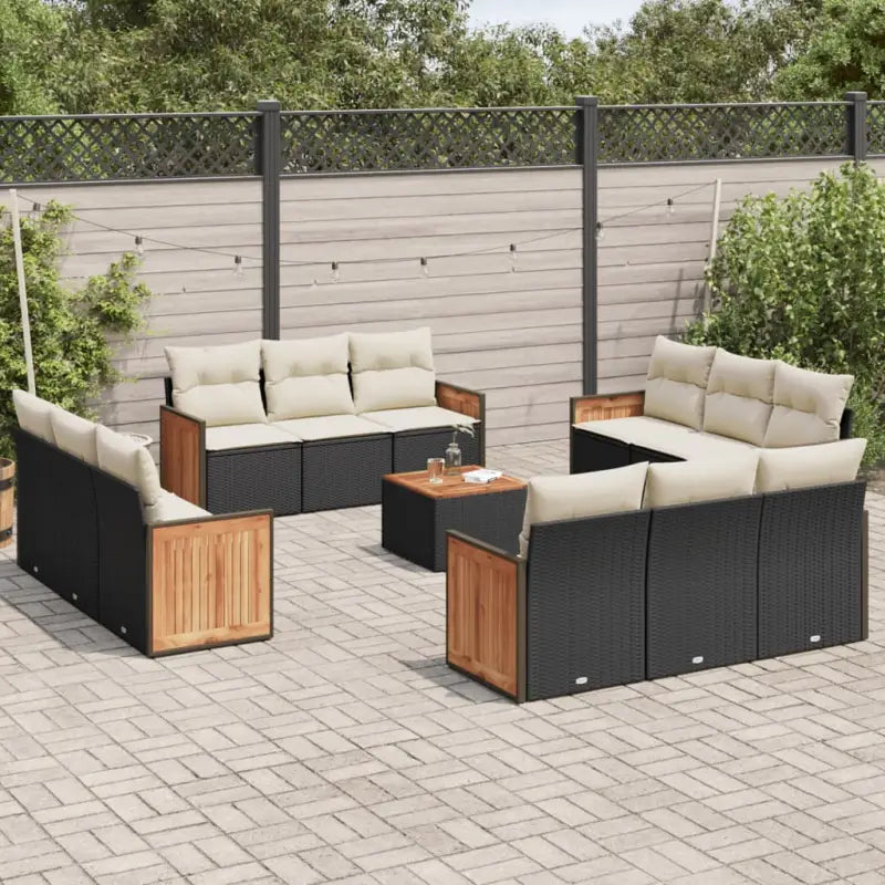 Zwarte loungeset van poly rattan en gepoedercoat staal met comfortabele afmetingen - Zwart en crème / Met tafel