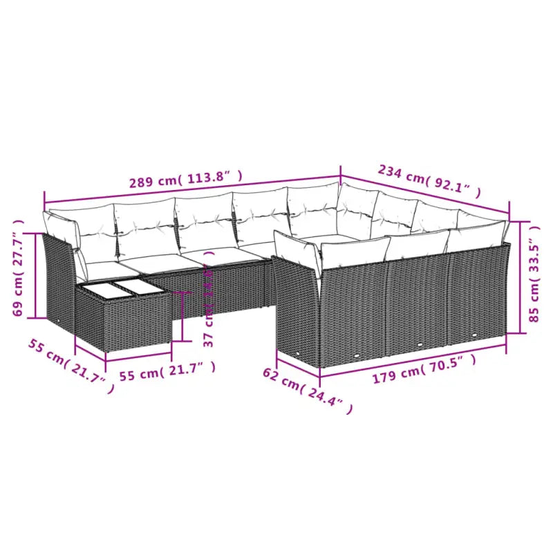 Zwarte loungeset van poly rattan en gepoedercoat staal met goede afmetingen - Tuinsets