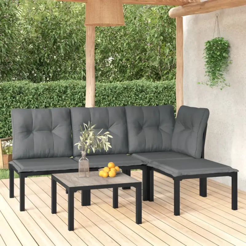 Zwarte tuin loungeset met gepoedercoat staal en weerbestendig PE-rattan - hoek + 2x midden + voetensteun + Tafel