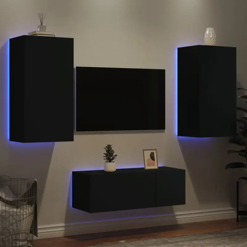 Zwevend tv-meubel met rgb led-verlichting en bewerkt hout - Zwart / 1 - Tv-meubels