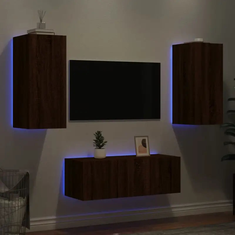 Zwevend tv-meubel met rgb led-verlichting van bewerkt hout - bruin eikenkleur / 1 - Tv-meubels