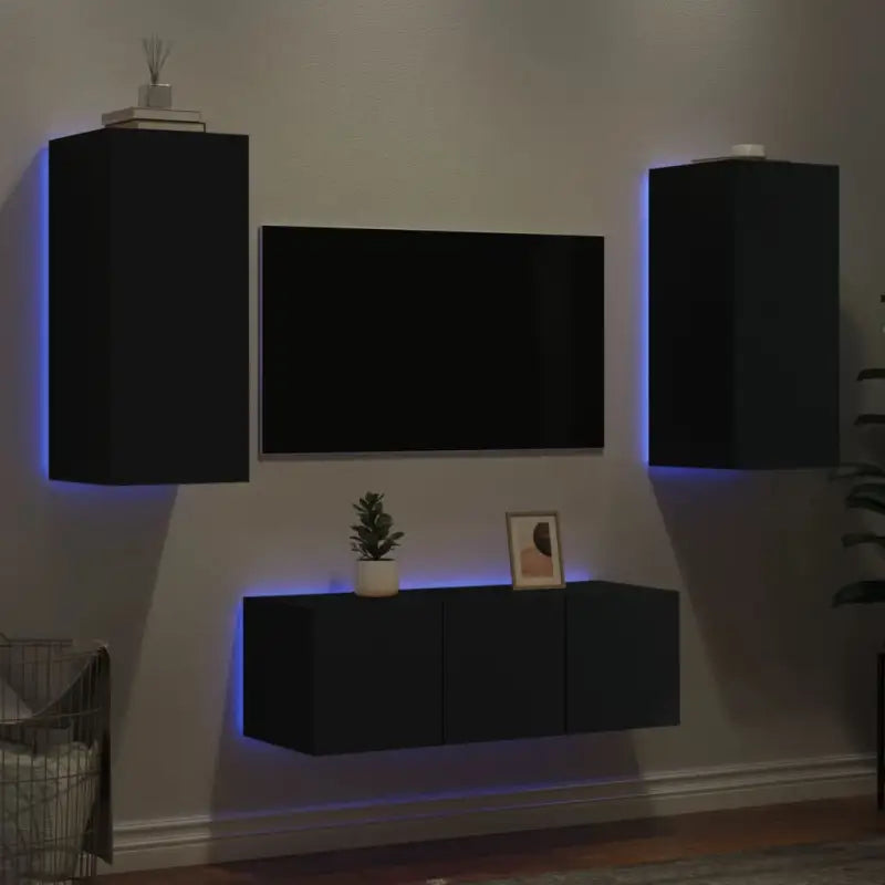 Zwevend tv-meubel met rgb led-verlichting van bewerkt hout - Zwart / 1 - Tv-meubels