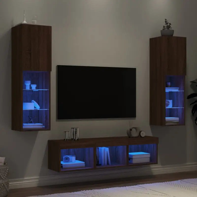 Zwevend tv-meubel van bewerkt hout met rgb led-verlichting - bruin eikenkleur / 5 - Tv-meubels