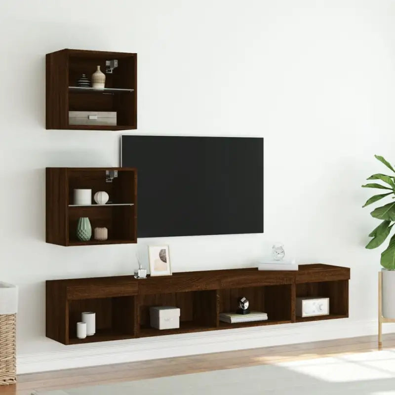 Zwevend Tv-meubel van bewerkt hout met rgb led-verlichting - bruin eikenkleur / 1 - Tv-meubels
