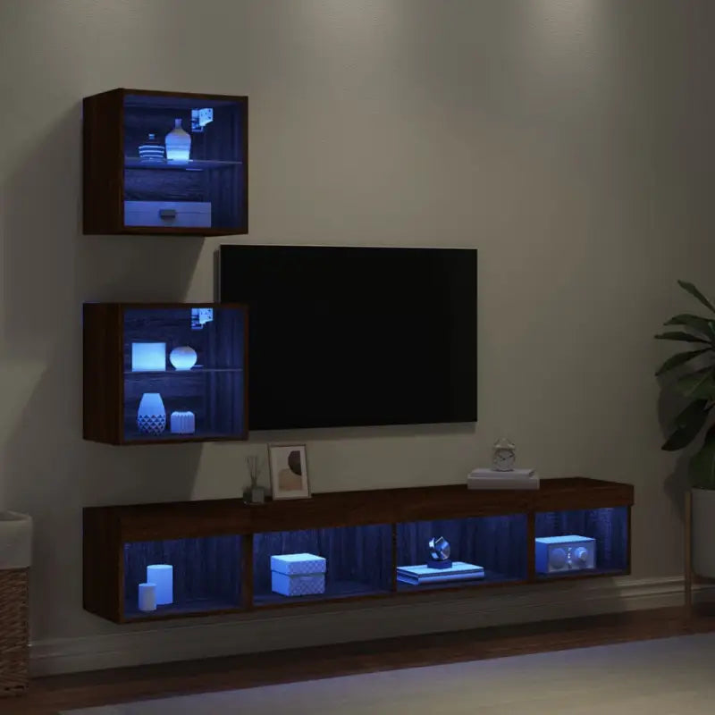 Zwevend Tv-meubel van bewerkt hout met rgb led-verlichting - bruin eikenkleur / 1 - Tv-meubels