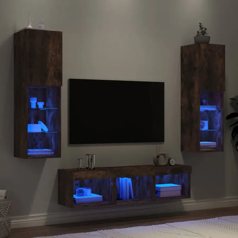 Zwevend tv-meubel van bewerkt hout met rgb led-verlichting - Gerookt eiken / 5 - Tv-meubels
