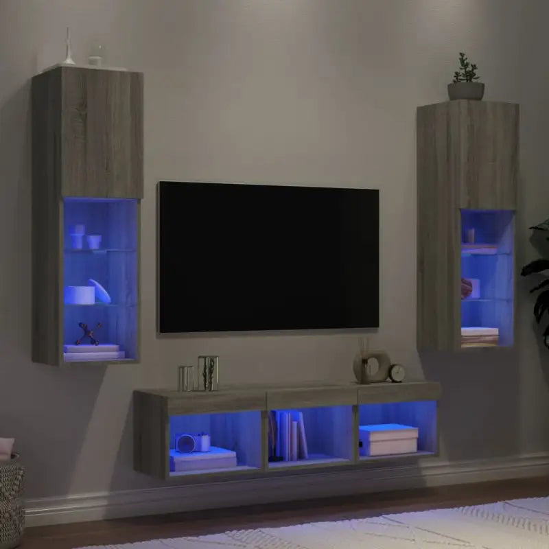 Zwevend tv-meubel van bewerkt hout met rgb led-verlichting - Grijs sonoma / 5 - Tv-meubels