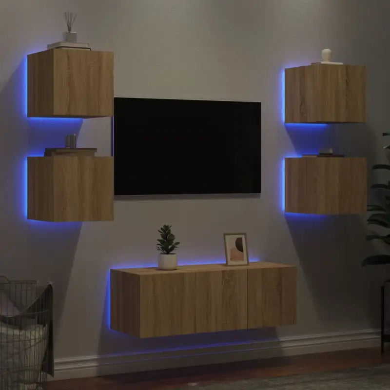 Zwevend Tv-Meubel van Bewerkt Hout met RGB LED-Verlichting - Sonoma eiken / 1 - Tv-meubels