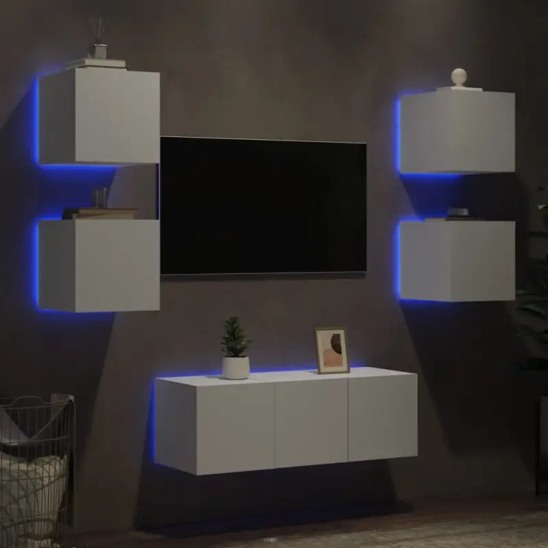 Zwevend Tv-Meubel van Bewerkt Hout met RGB LED-Verlichting - Wit / 1 - Tv-meubels