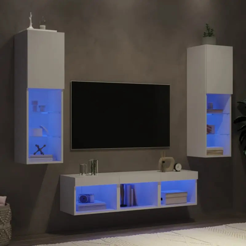 Zwevend tv-meubel van bewerkt hout met rgb led-verlichting - Wit / 5 - Tv-meubels