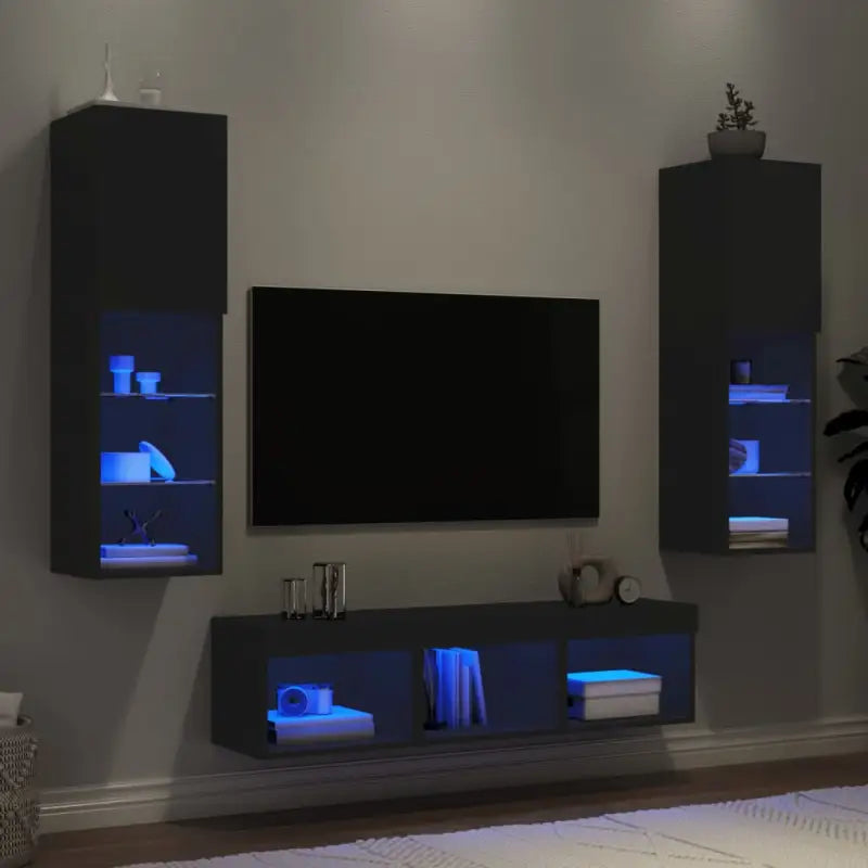 Zwevend tv-meubel van bewerkt hout met rgb led-verlichting - Zwart / 5 - Tv-meubels