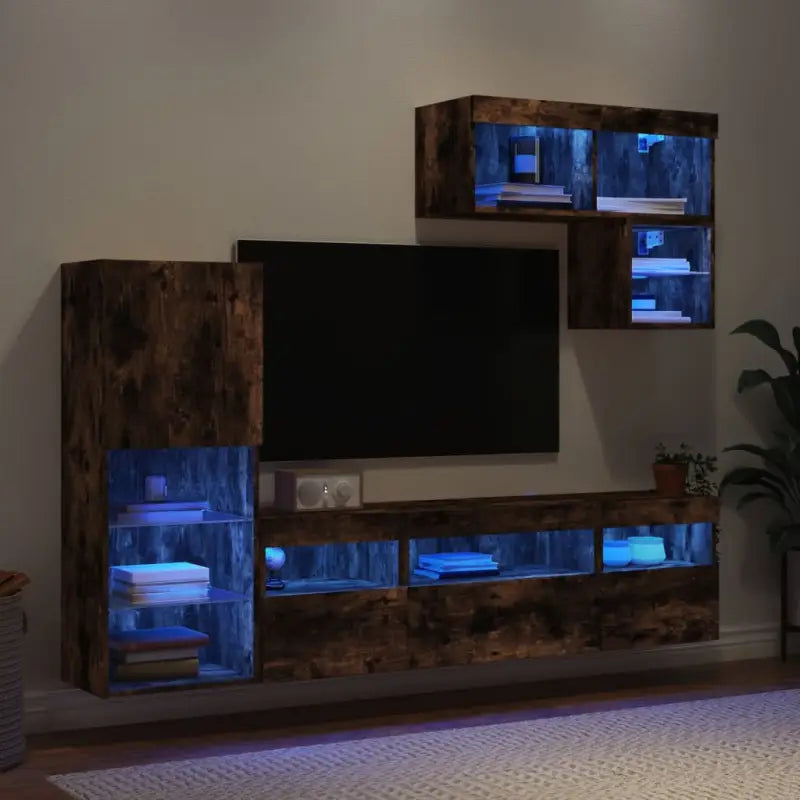 Zwevende tv-meubel met RGB LED-verlichting van bewerkt hout - Gerookt eiken / 1 - Tv-meubels