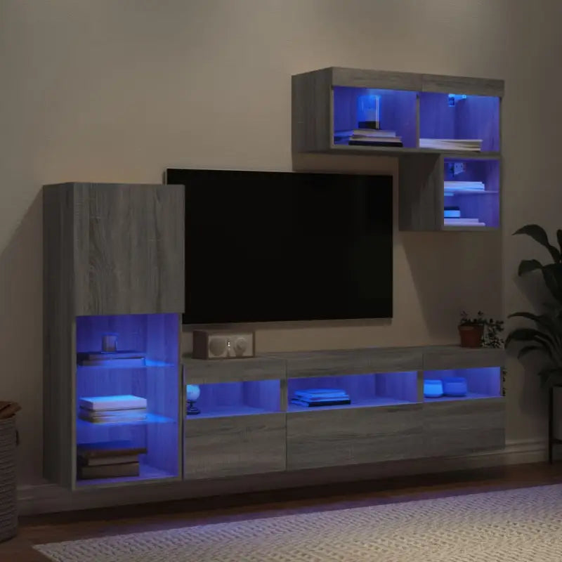 Zwevende tv-meubel met RGB LED-verlichting van bewerkt hout - Grijs sonoma / 1 - Tv-meubels
